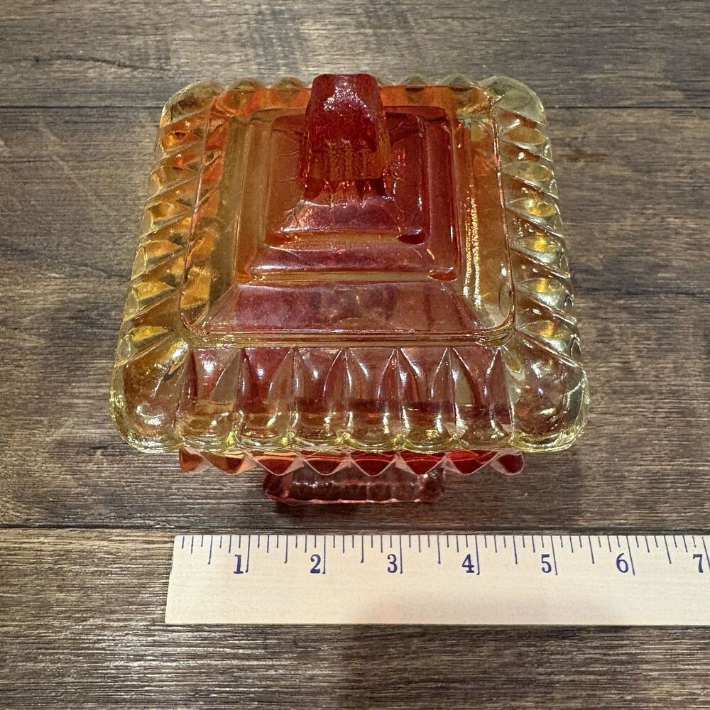 Vintage Amberina Glass Covered Pedestal Square Wedding Box Candy / Trinket Dish - Picture 7 of 8
